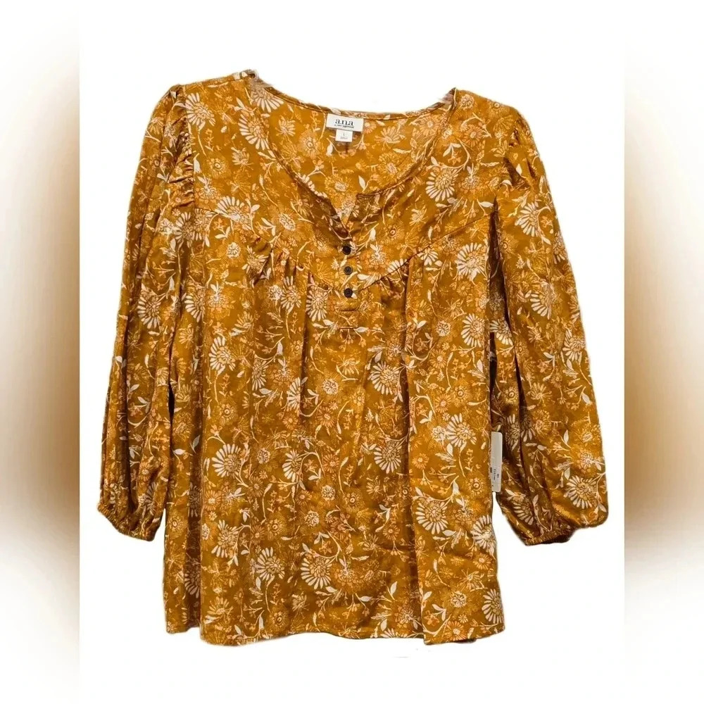 a.n.a Mustard Floral Button-Front Peasant Top